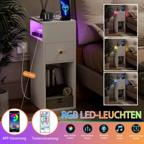 Smart LED Bedside Table with Drawer & USB Charging Ports-Modern Nightstand for Bedroom or Living Room