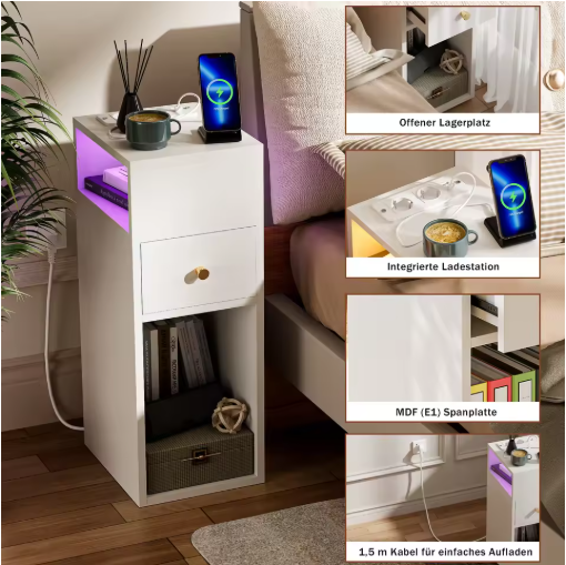 Smart LED Bedside Table with Drawer & USB Charging Ports-Modern Nightstand for Bedroom or Living Room